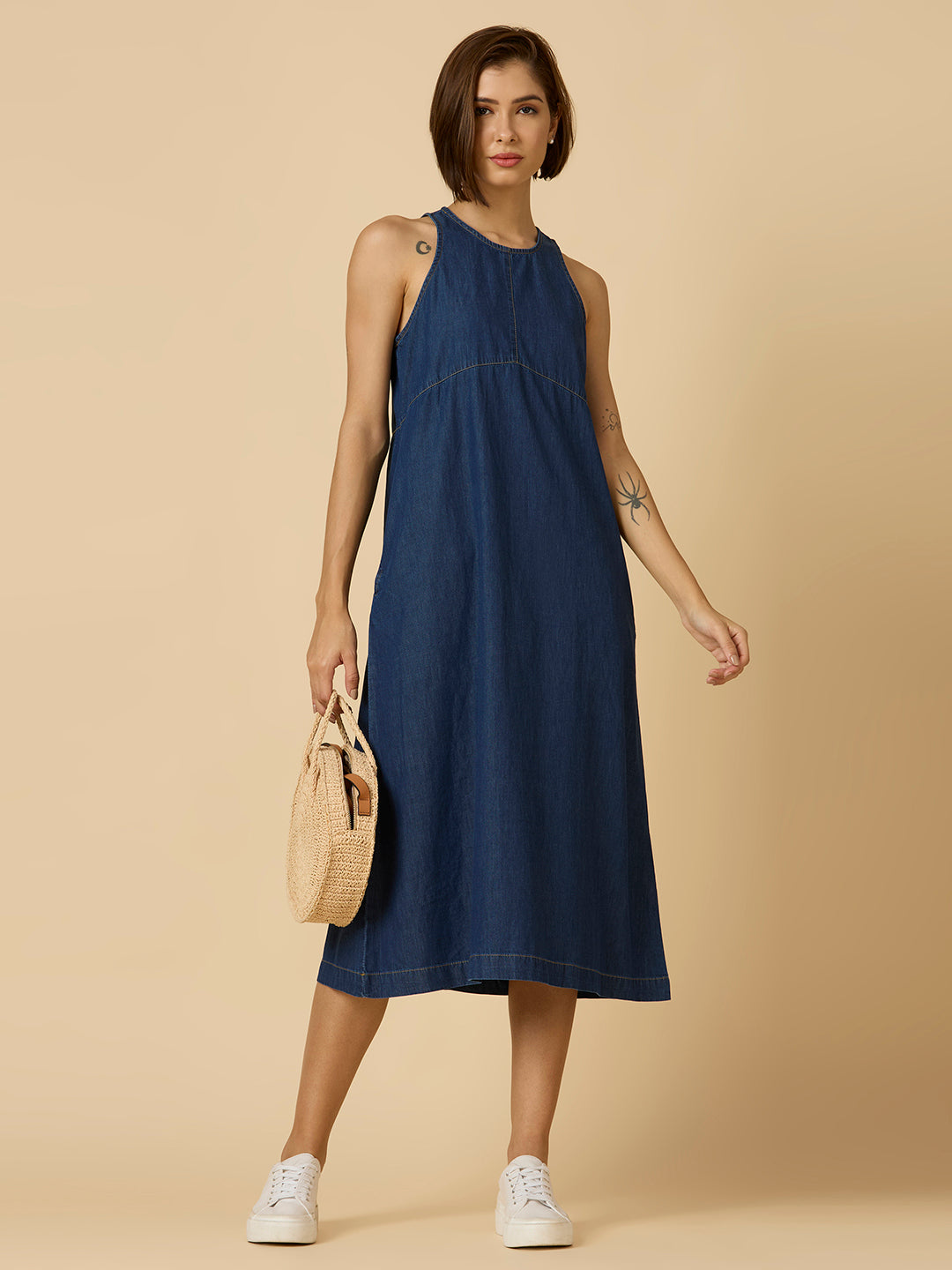 DENIM A-LINE CALF LENGTH DRESS