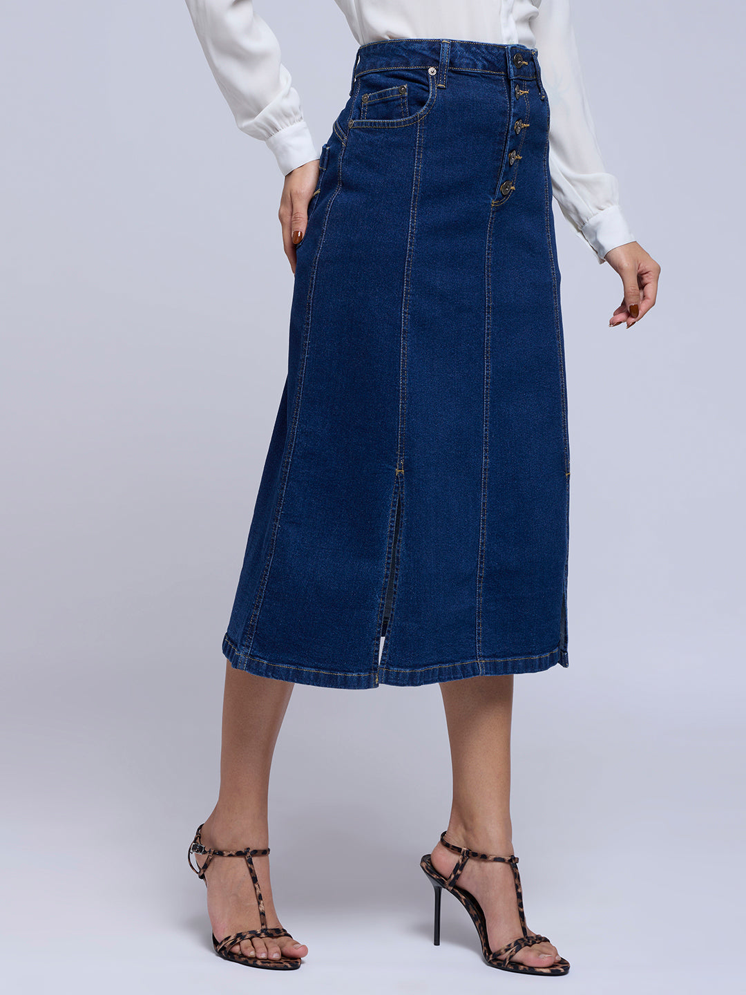 HIP HUGGING A-LINE DENIM SKIRT