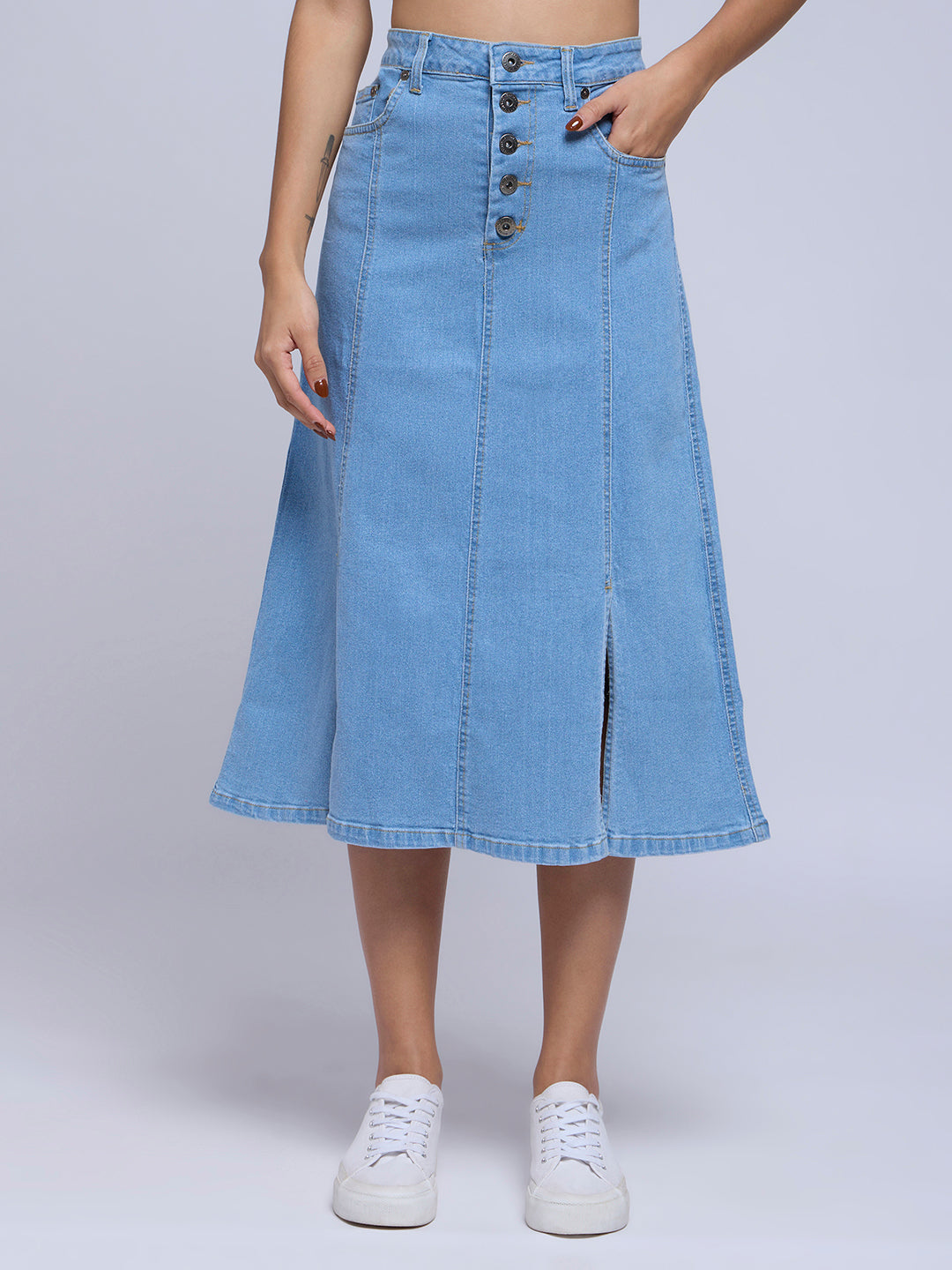 HIP HUGGING A-LINE DENIM SKIRT