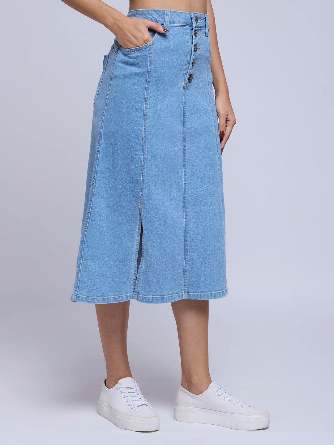HIP HUGGING A-LINE DENIM SKIRT