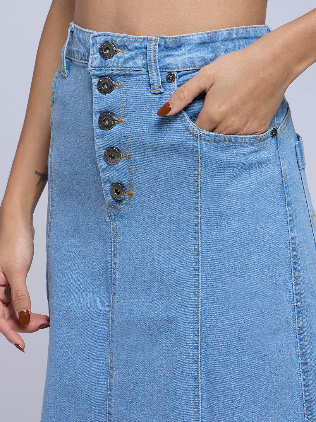 HIP HUGGING A-LINE DENIM SKIRT