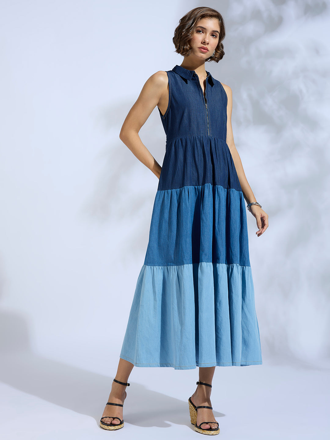 COLOR BLOCKED DENIM TIERED DRESS