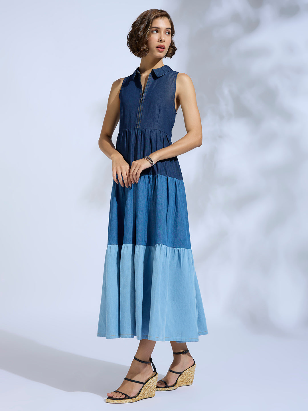 COLOR BLOCKED DENIM TIERED DRESS