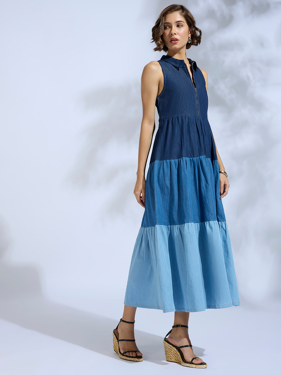 COLOR BLOCKED DENIM TIERED DRESS