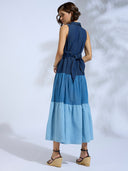 COLOR BLOCKED DENIM TIERED DRESS