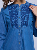 EMBROIDERED YOKE LONGLINE DENIM TUNIC