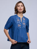 EMBROIDERED YOKE CROPPED DENIM TOP