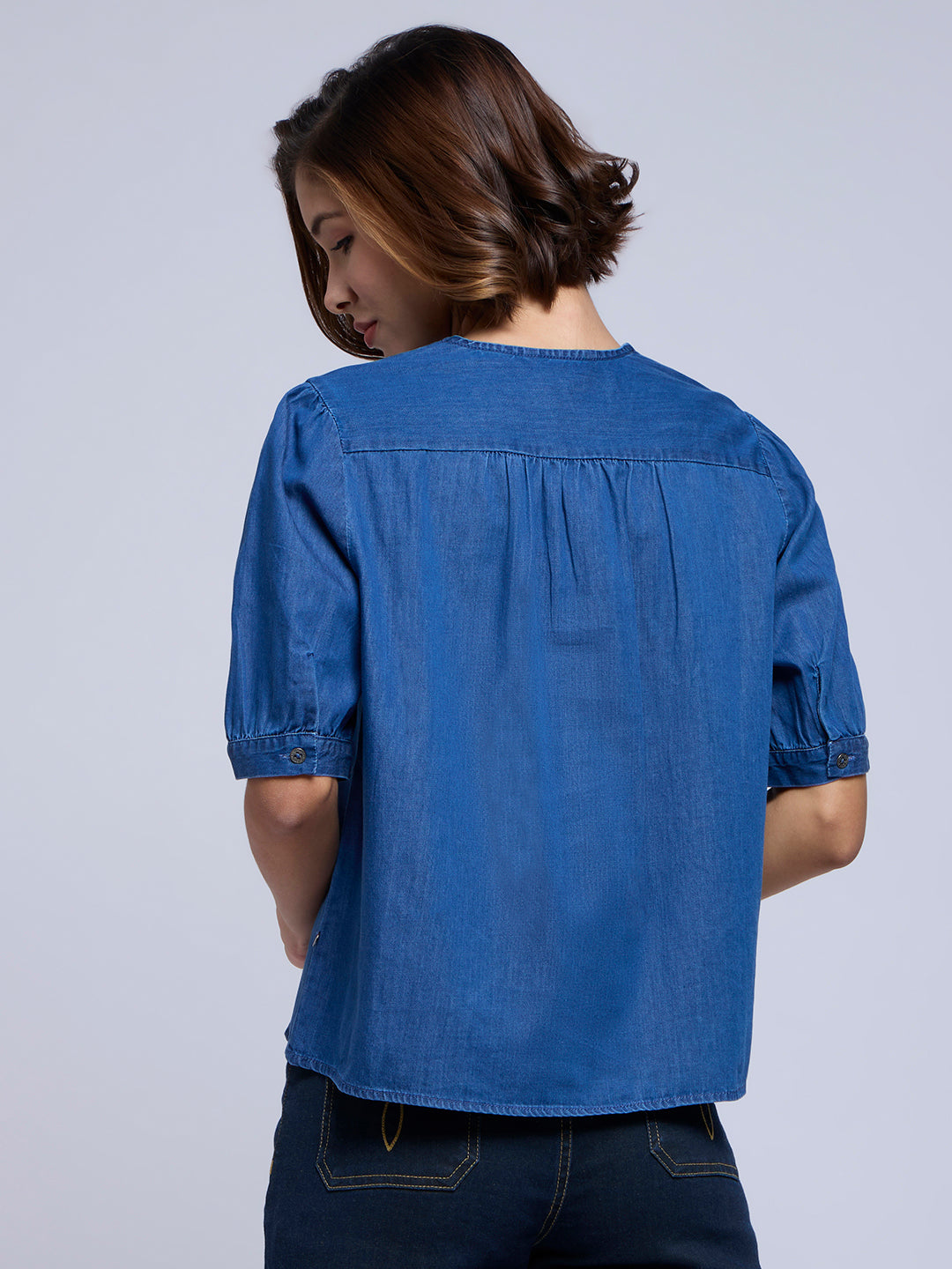 EMBROIDERED YOKE CROPPED DENIM TOP