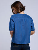 EMBROIDERED YOKE CROPPED DENIM TOP