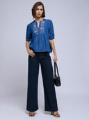 EMBROIDERED YOKE CROPPED DENIM TOP