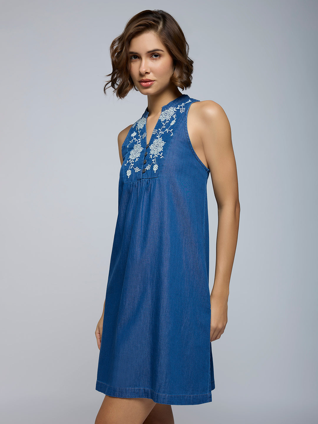 DENIM EMBROIDERED YOKE SWING DRESS