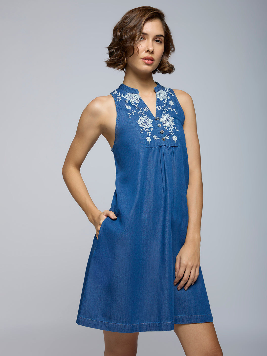 DENIM EMBROIDERED YOKE SWING DRESS