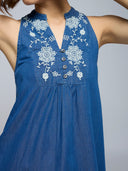 DENIM EMBROIDERED YOKE SWING DRESS