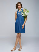 DENIM EMBROIDERED YOKE SWING DRESS