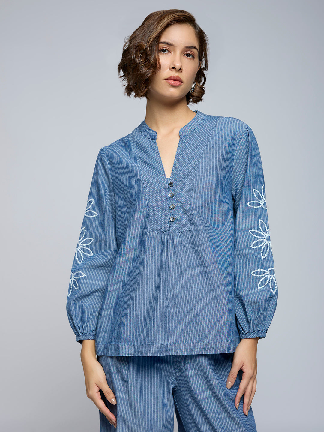 STRIPED DENIM EMBROIDERED TUNIC TOP