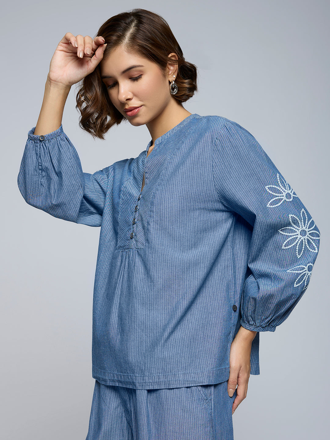 STRIPED DENIM EMBROIDERED TUNIC TOP