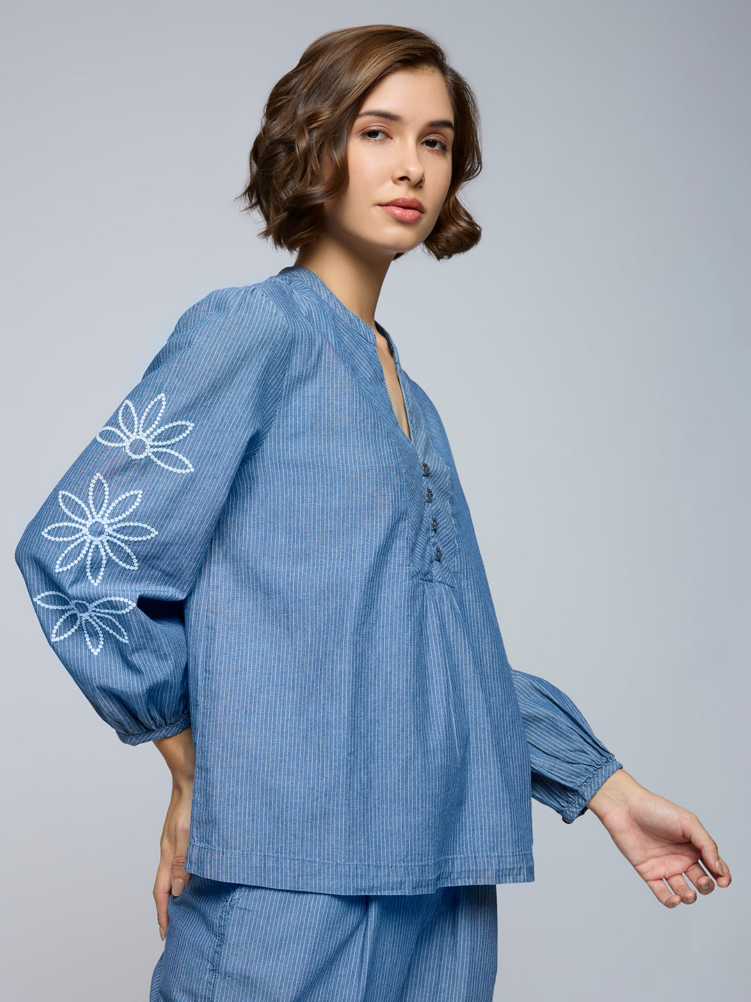 STRIPED DENIM EMBROIDERED TUNIC TOP