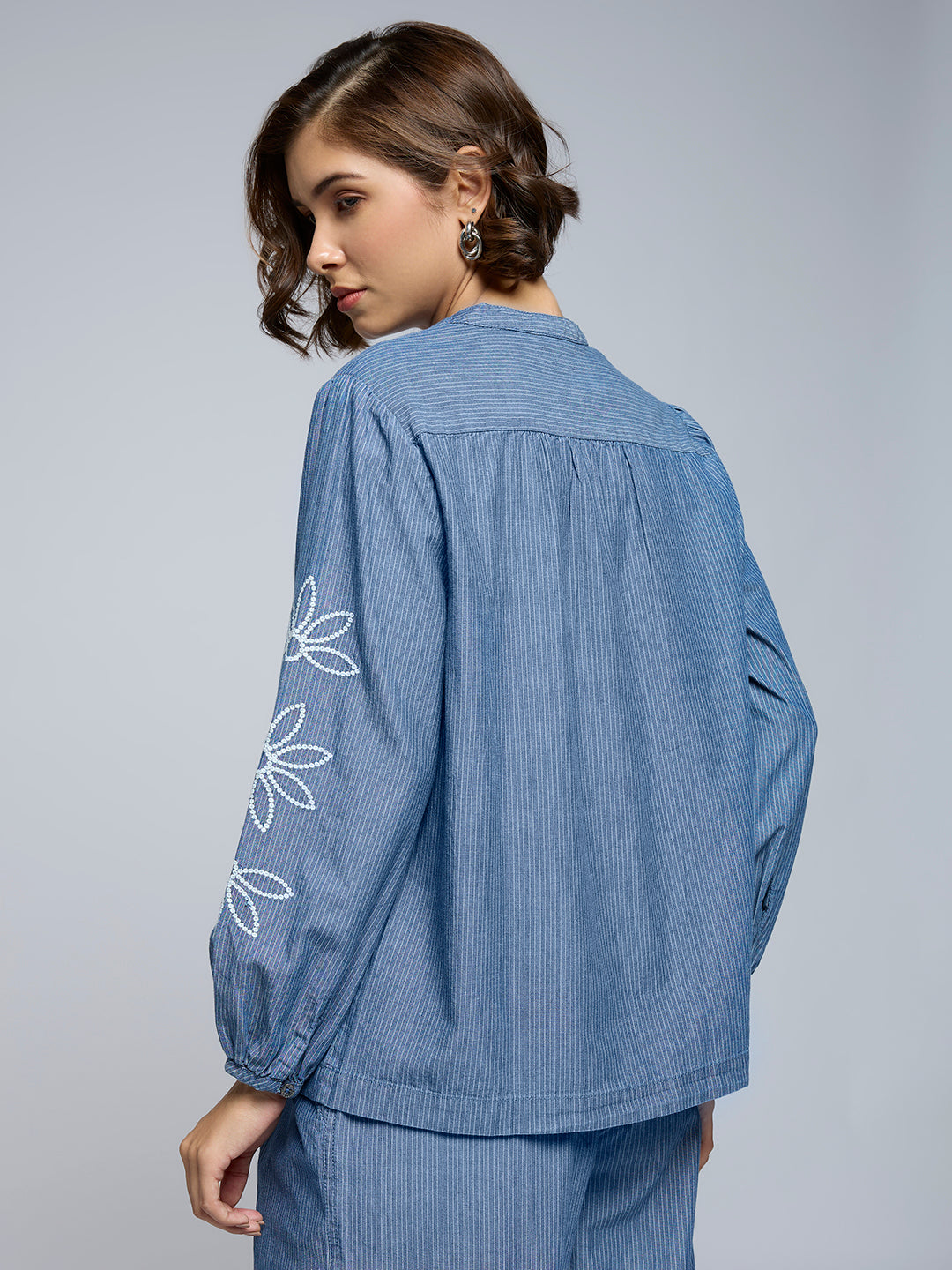 STRIPED DENIM EMBROIDERED TUNIC TOP