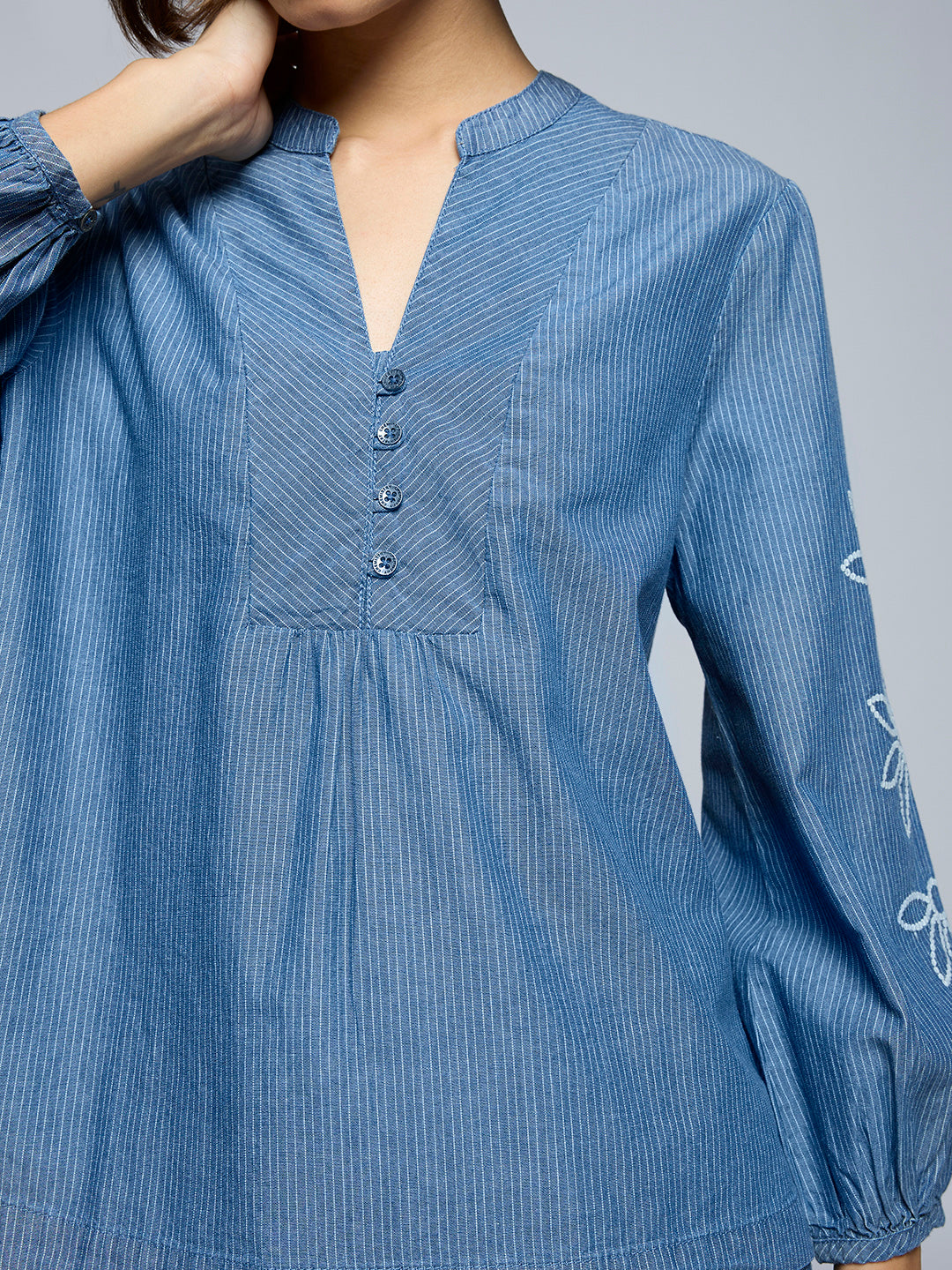 STRIPED DENIM EMBROIDERED TUNIC TOP