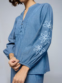 STRIPED DENIM EMBROIDERED TUNIC TOP