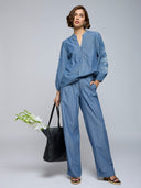 STRIPED DENIM EMBROIDERED TUNIC TOP