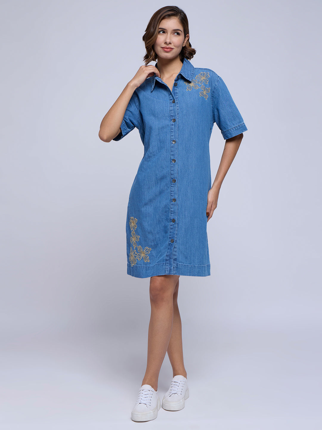 DENIM EMBROIDERED BELTED SHIRT DRESS