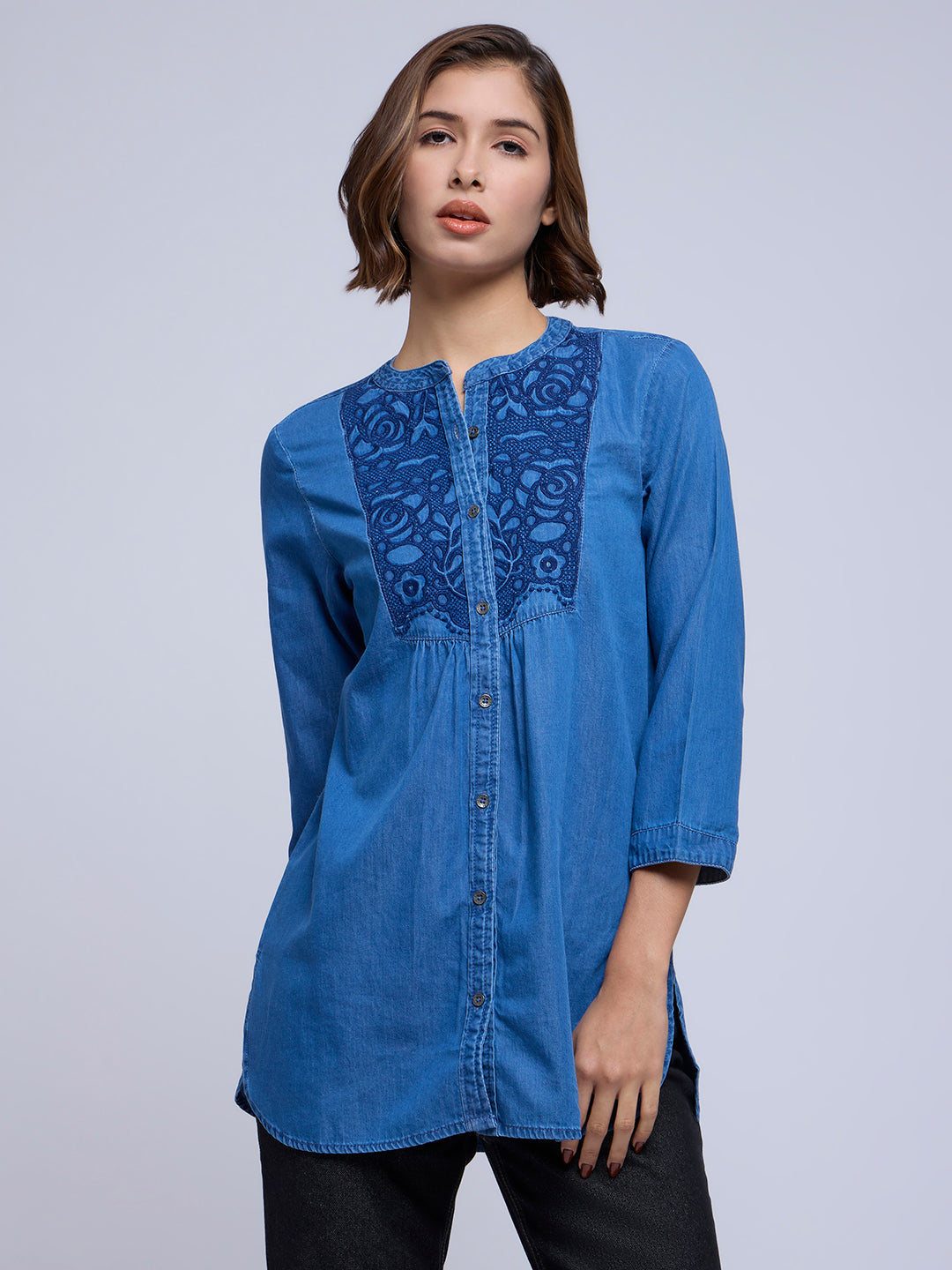 EMBROIDERED YOKE LONGLINE DENIM TUNIC