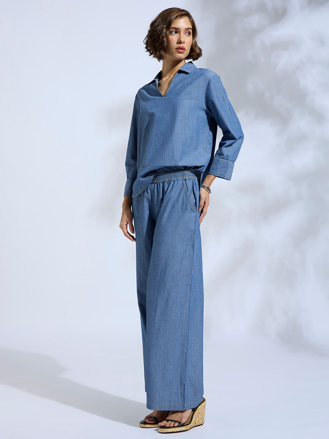 STRIPED DENIM POP OVER TUNIC & PANTS CO-ORD SET