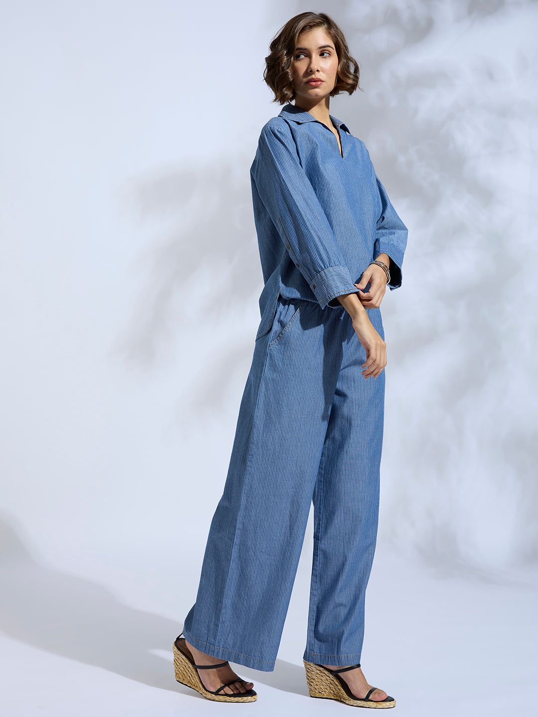 STRIPED DENIM POP OVER TUNIC & PANTS CO-ORD SET