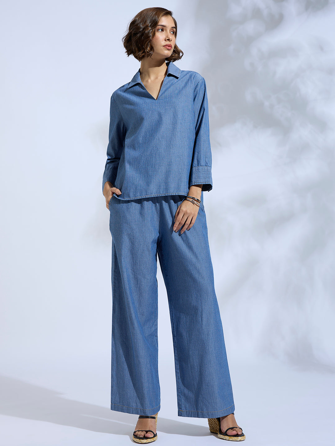 STRIPED DENIM POP OVER TUNIC & PANTS CO-ORD SET