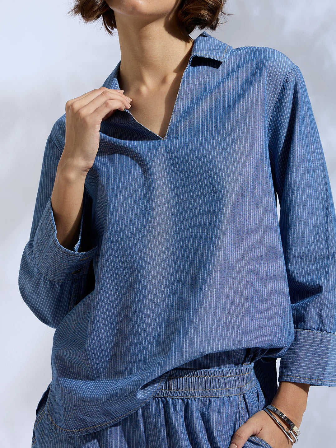 STRIPED DENIM POP OVER TUNIC & PANTS CO-ORD SET