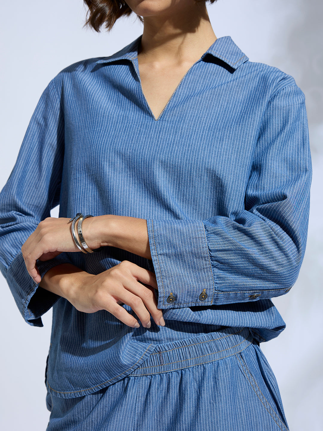 STRIPED DENIM POP OVER TUNIC & PANTS CO-ORD SET