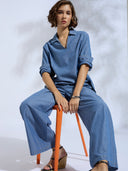 STRIPED DENIM POP OVER TUNIC & PANTS CO-ORD SET