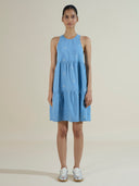 Embroidered 5.5oz denim tiered shift dress