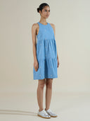 Embroidered 5.5oz denim tiered shift dress