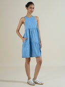 Embroidered 5.5oz denim tiered shift dress