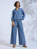 STRIPED DENIM POP OVER TUNIC & PANTS CO-ORD SET