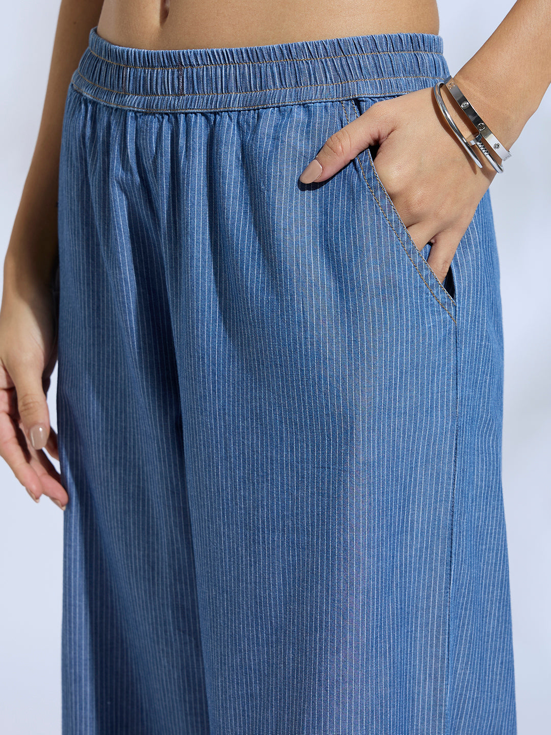 STRIPED DENIM POP OVER TUNIC & PANTS CO-ORD SET