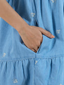 Embroidered 5.5oz denim tiered shift dress