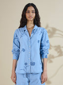 CARNATIONS PRINTED DENIM SHIRT WITH LAPEL COLLAR