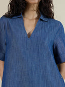 V NECK POP OVER DENIM SWING DRESS