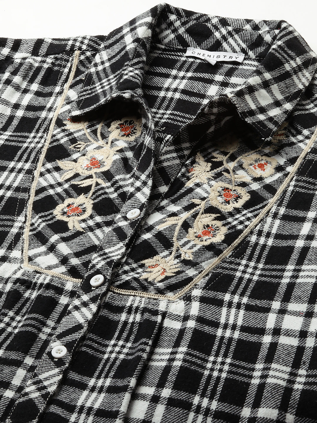 Embroidered Yoke Brushed Flannel Plaid Longline Shirt