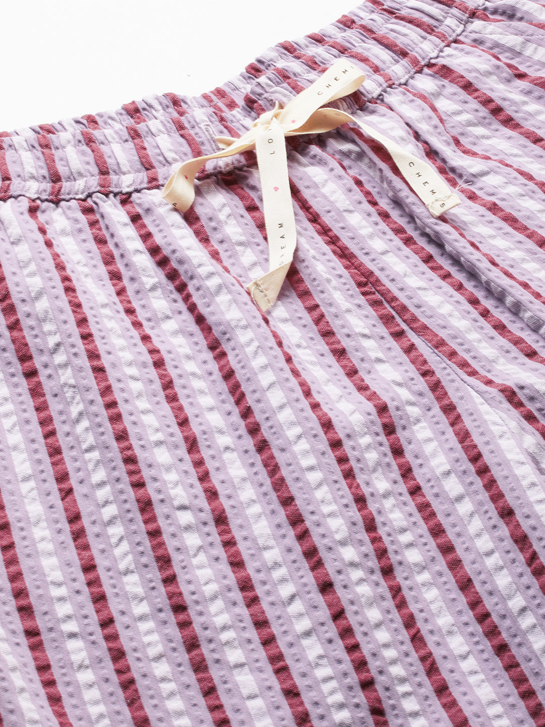 Striped Seersucker Knee Length Cotton Bermuda Shorts W/ Ric Rac Detailing