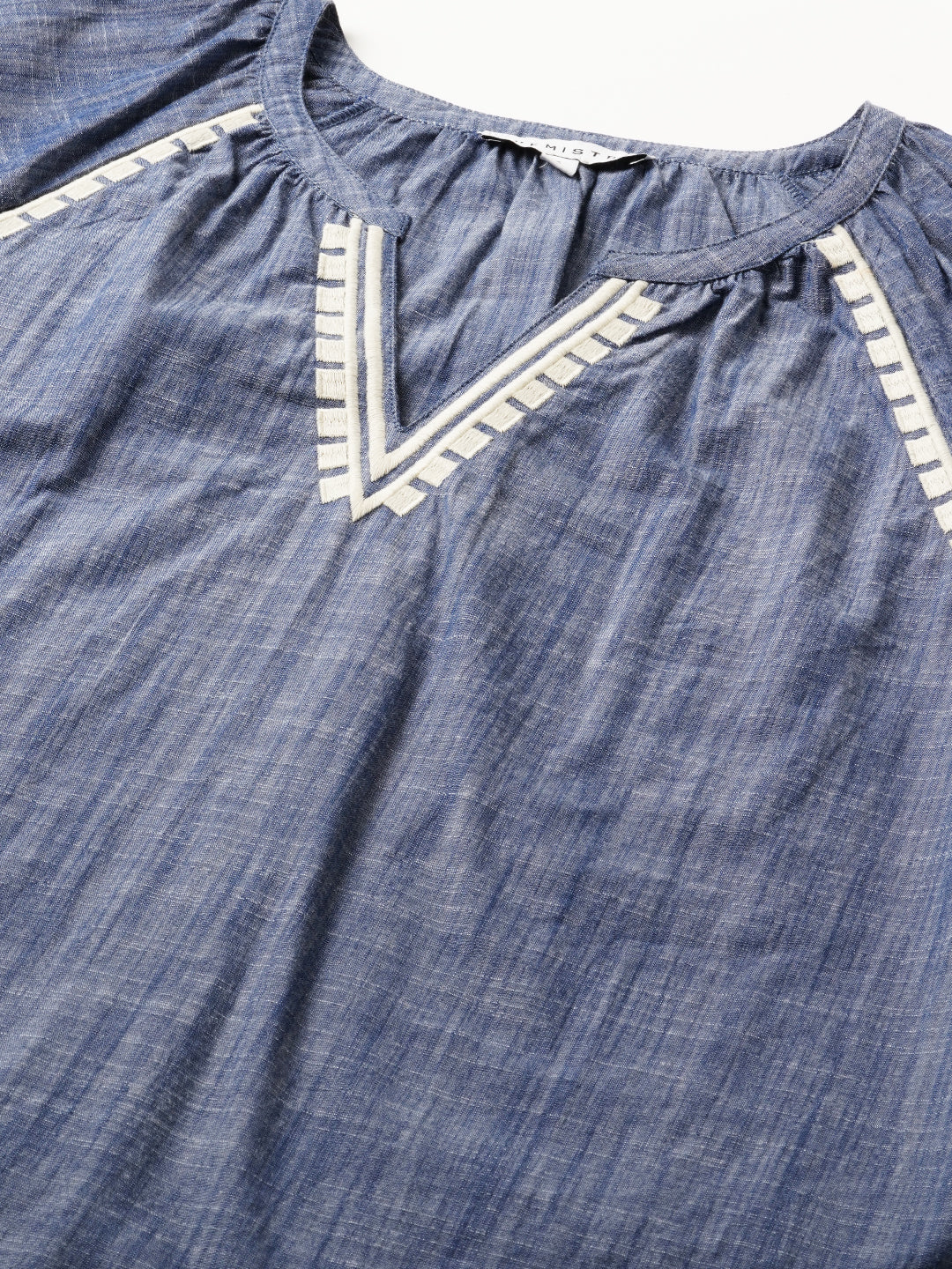 Crosshatch Cotton Chambray Embroidered Raglan Sleeve Tunic Top