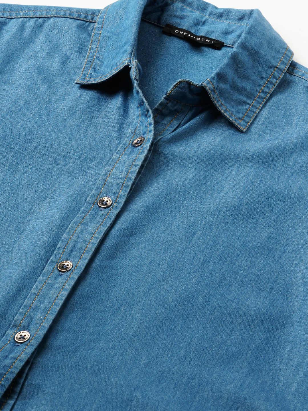 Cotton Tencel Denim Grandad Shirt W/ A High Low Hemline