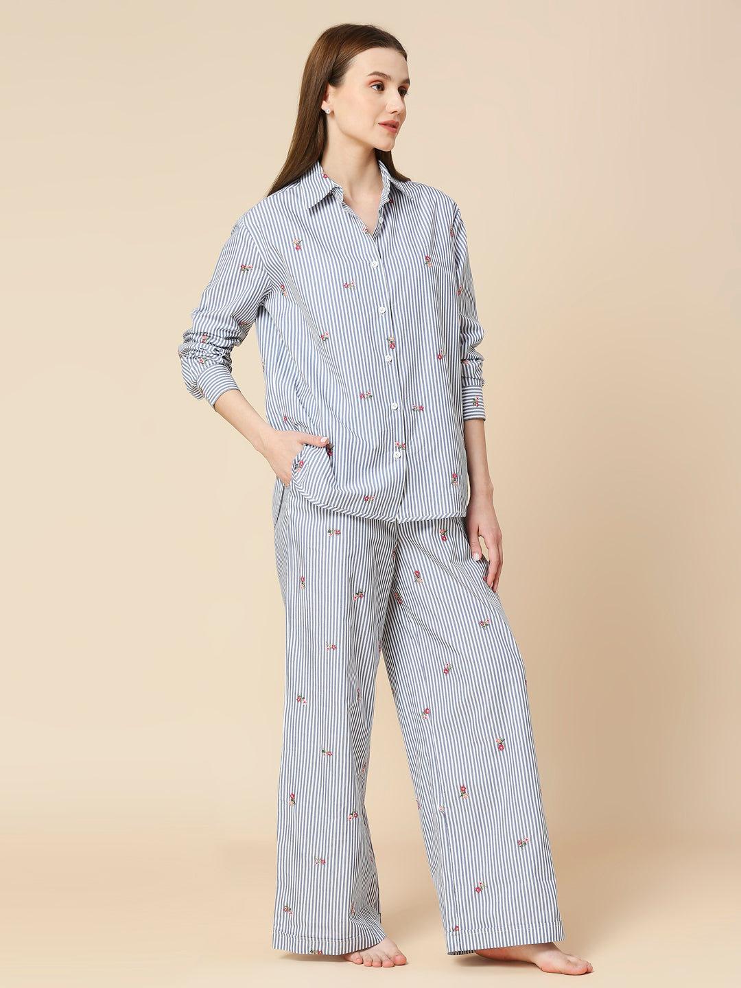 STRIPED ALL OVER EMBROIDERED SHIRT & WIDE LEG PULL ON PANT LOUNGE SET
