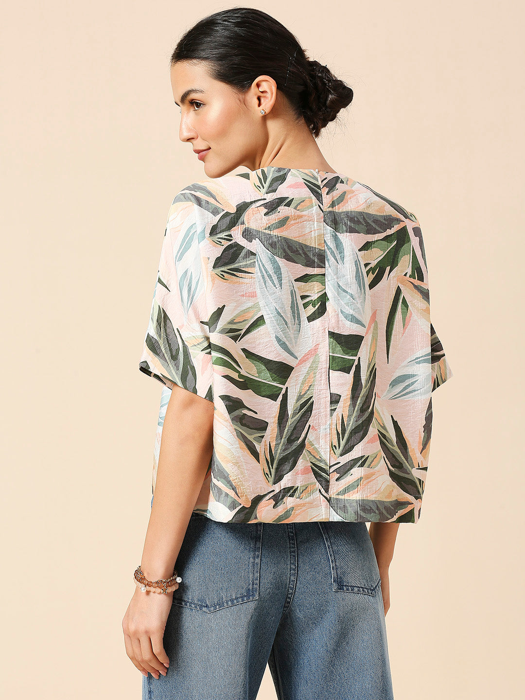 TROPICAL PRINTED CRUSHED VISCOSE POLYAMIDE CROPPED BOX TOP