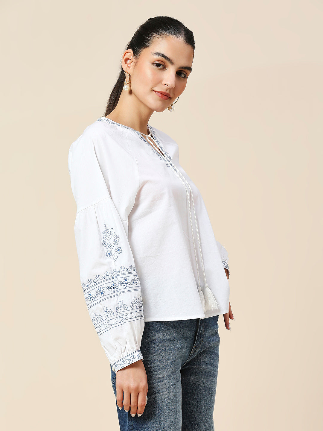 COTTON POPLIN EMBROIDERED TUNIC TOP