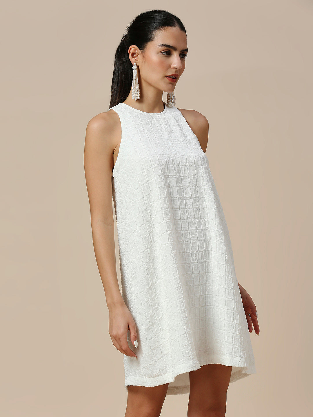 INCUT NECK TEXTURED CRUSHED POLY A-LINE DRESS