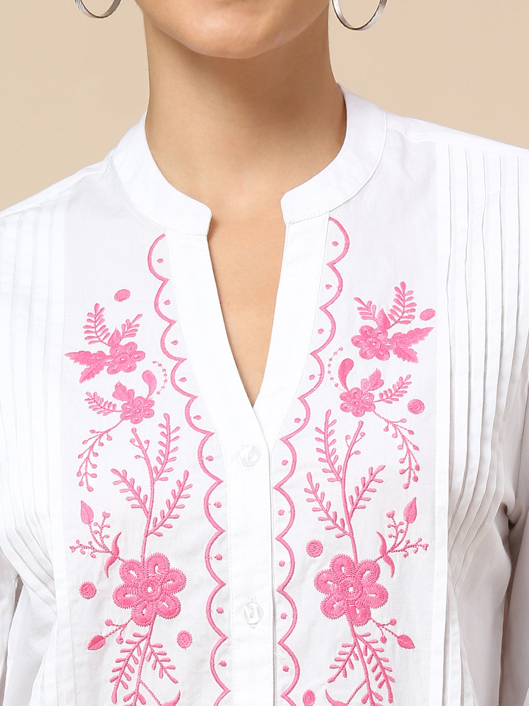 POPLIN BUTTON DOWN EMBROIDERED TUNIC TOP W/ PLEAT DETAILING